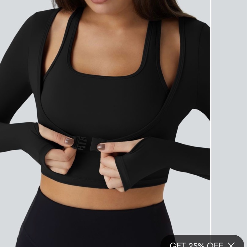 Halter Thumb Hole Long Sleeve Cropped 2-in-1 Yoga Sports - (M) NWT - Picture 4 of 12